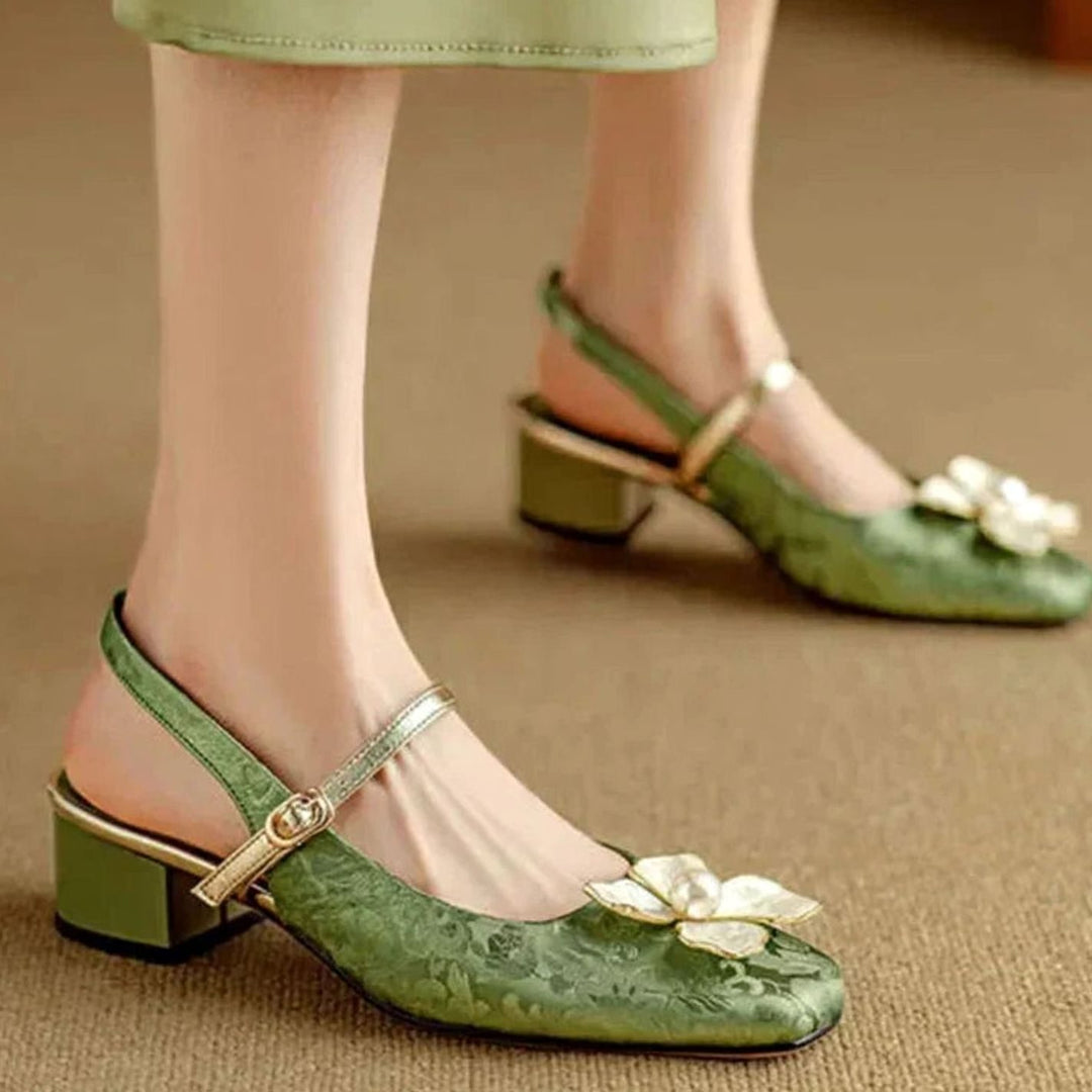 Women's Floral Textured Block Heel Slingback Mary Jane Shoes - Green