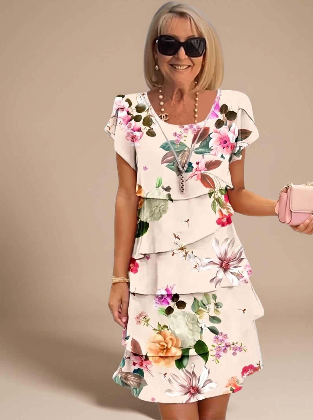 Women's Floral Tiered Ruffle Short-Sleeve Midi Dress - Apricot