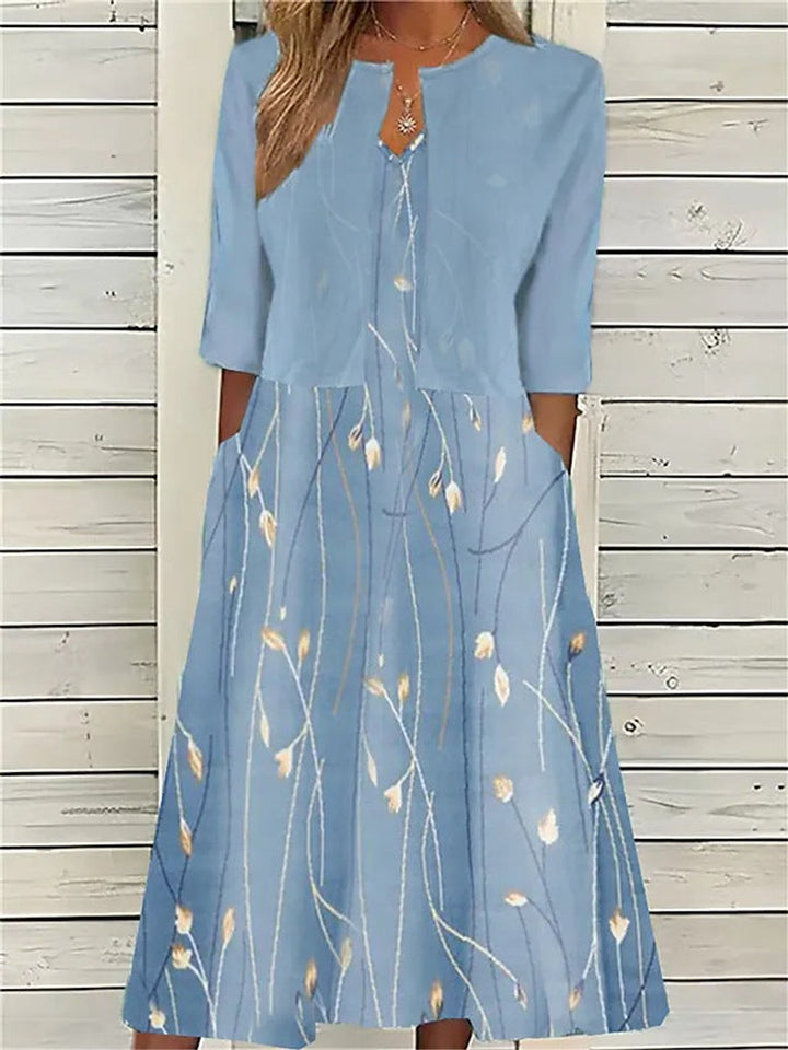 Women's Floral Two-Piece A-Line Midi Dress 3/4 Sleeve