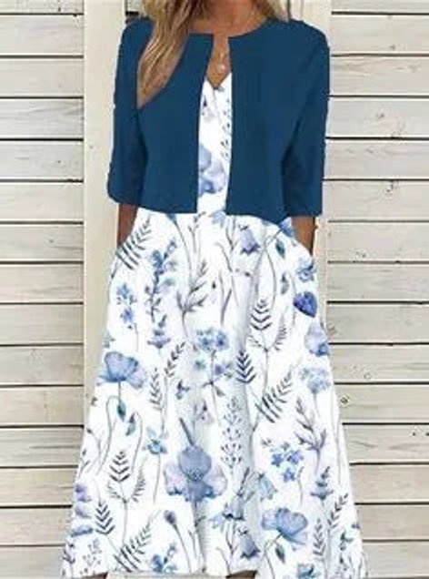 Women's Floral Two-Piece A-Line Midi Dress 3/4 Sleeve - Navy Blue