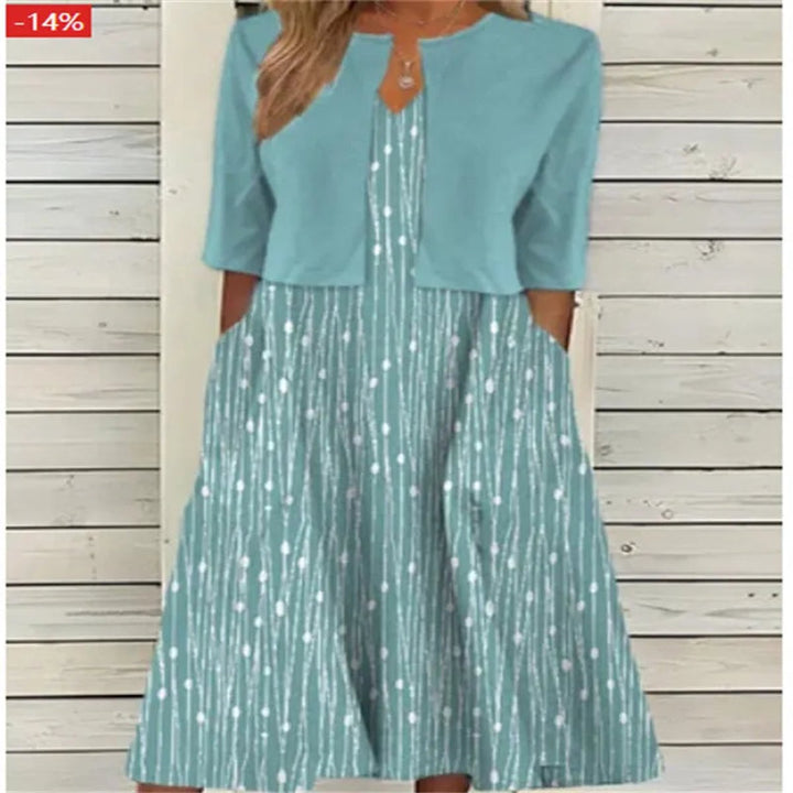 Women's Floral Two-Piece A-Line Midi Dress 3/4 Sleeve - Teal