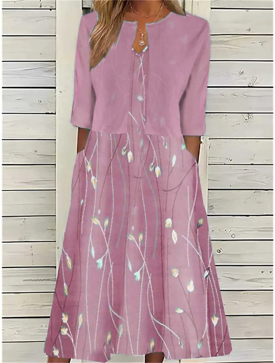 Women's Floral Two-Piece A-Line Midi Dress 3/4 Sleeve - Pink