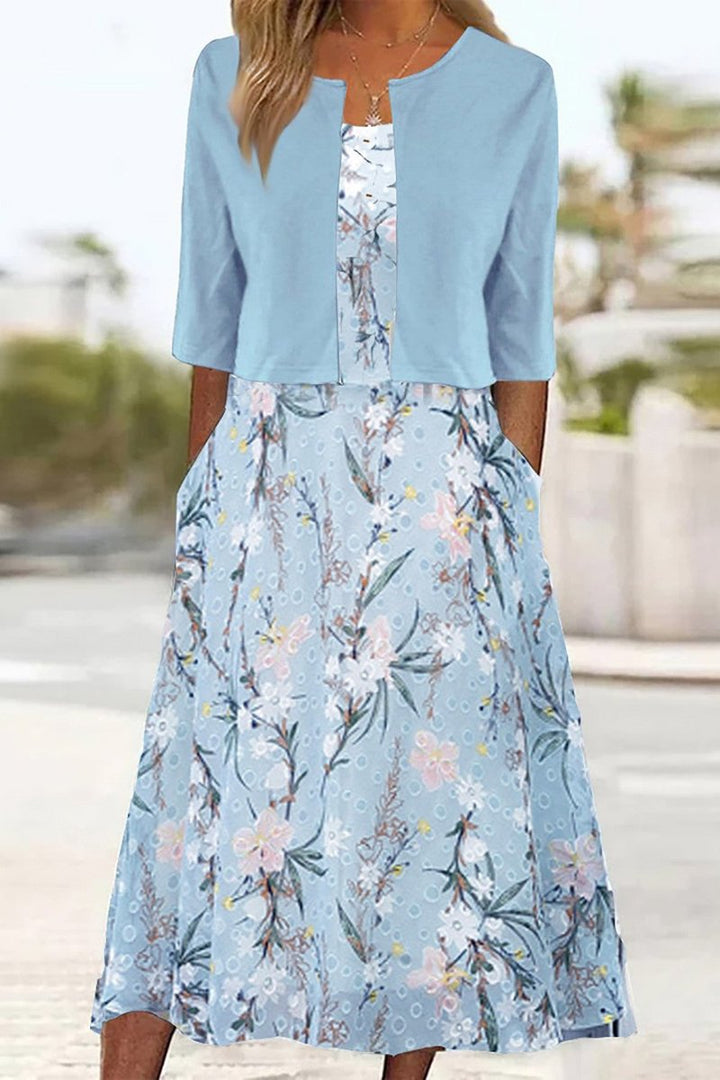 Women's Floral Two-Piece A-Line Midi Dress 3/4 Sleeve - Light Blue