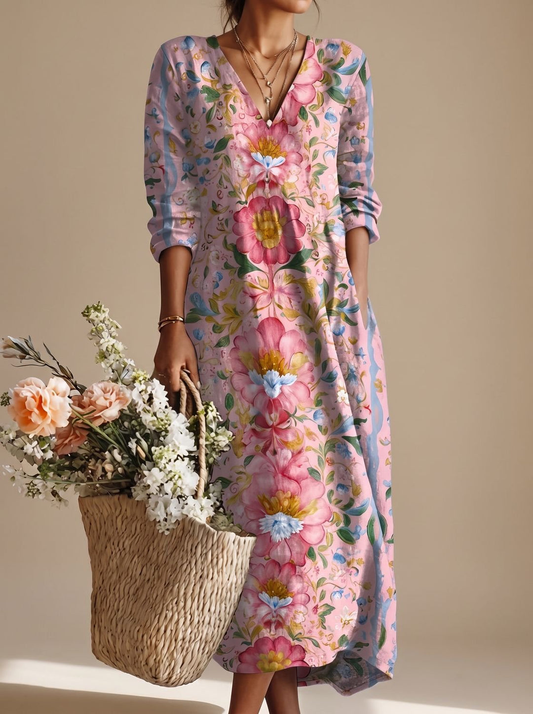 Women's Floral V-Neck Long Sleeve Dress Relaxed Maxi - Multicolor