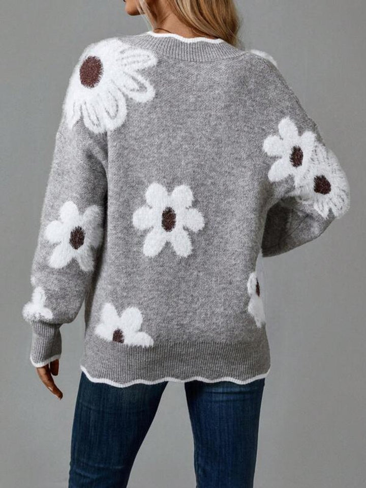 Women's Floral V-Neck Long Sleeve Knit Sweater
