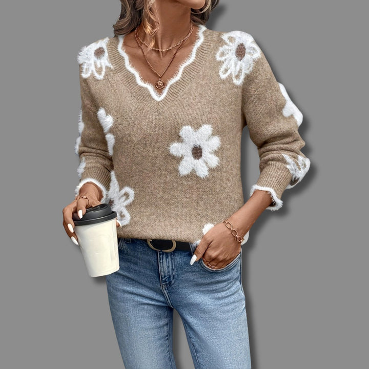 Women's Floral V-Neck Long Sleeve Knit Sweater - Khaki