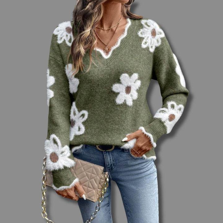 Women's Floral V-Neck Long Sleeve Knit Sweater - Green