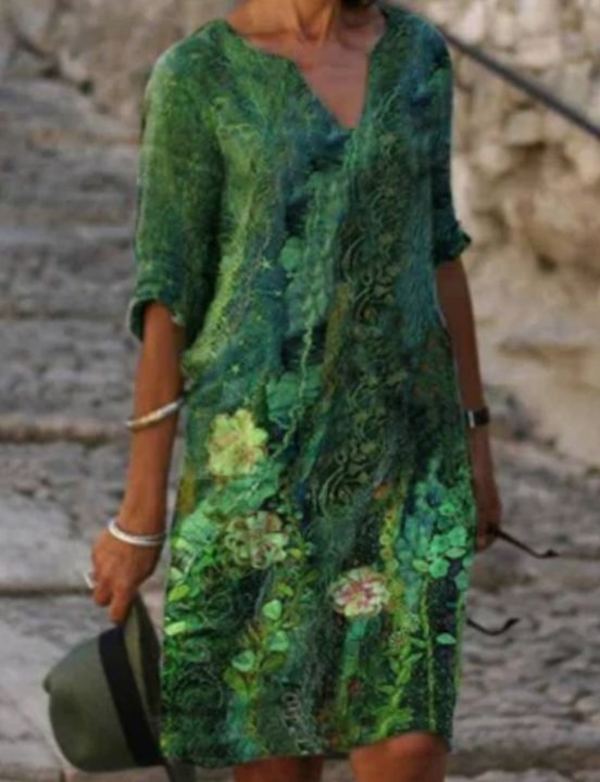 Women's Floral V-Neck Loose-Fit Half-Sleeve Midi Dress - Green