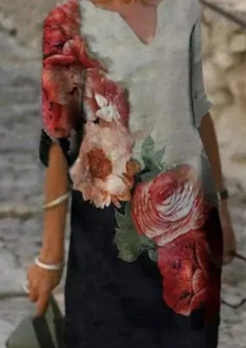 Women's Floral V-Neck Loose-Fit Half-Sleeve Midi Dress - Red