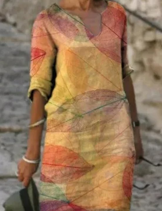 Women's Floral V-Neck Loose-Fit Half-Sleeve Midi Dress - Orange 2