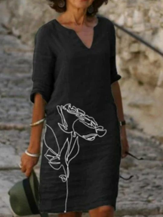Women's Floral V-Neck Loose-Fit Half-Sleeve Midi Dress - Black