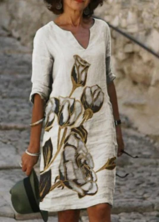 Women's Floral V-Neck Loose-Fit Half-Sleeve Midi Dress - Khaki