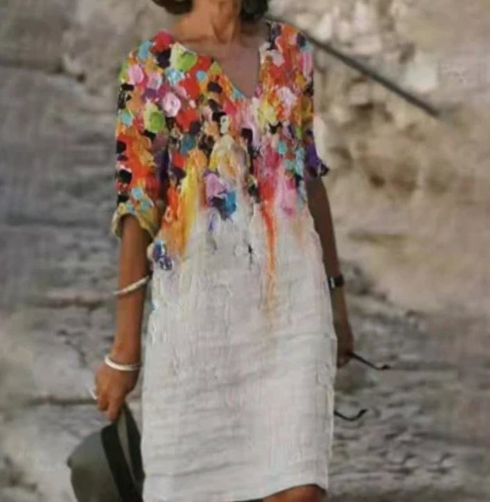 Women's Floral V-Neck Loose-Fit Half-Sleeve Midi Dress - Multi