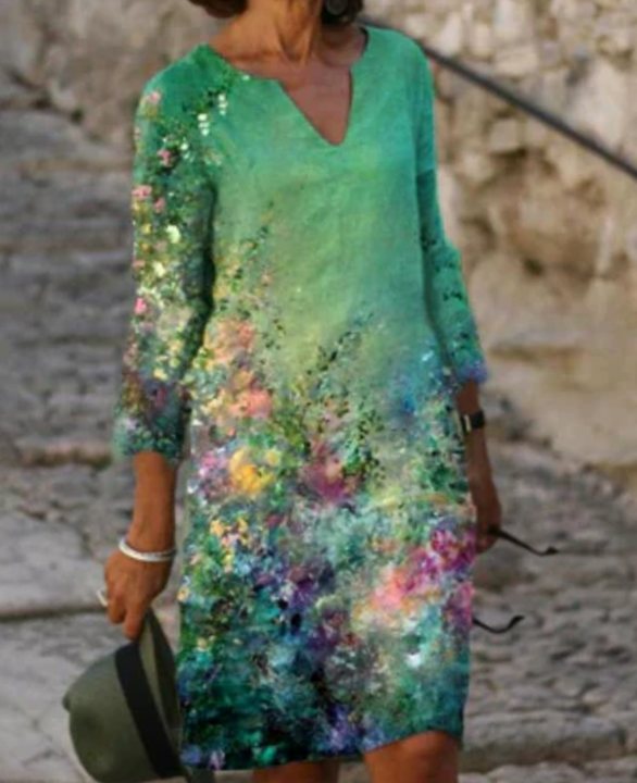 Women's Floral V-Neck Loose-Fit Half-Sleeve Midi Dress - Floral Green
