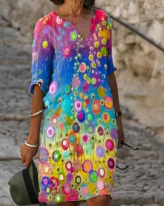 Women's Floral V-Neck Loose-Fit Half-Sleeve Midi Dress - Multicolor