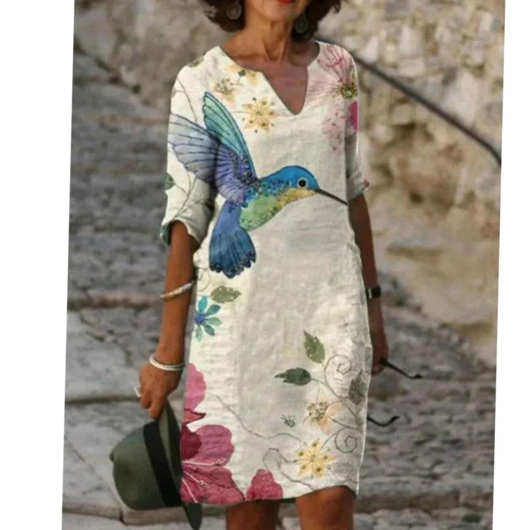 Women's Floral V-Neck Loose-Fit Half-Sleeve Midi Dress - Beige