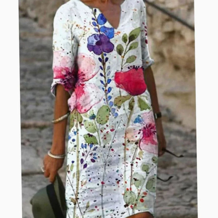 Women's Floral V-Neck Loose-Fit Half-Sleeve Midi Dress - White