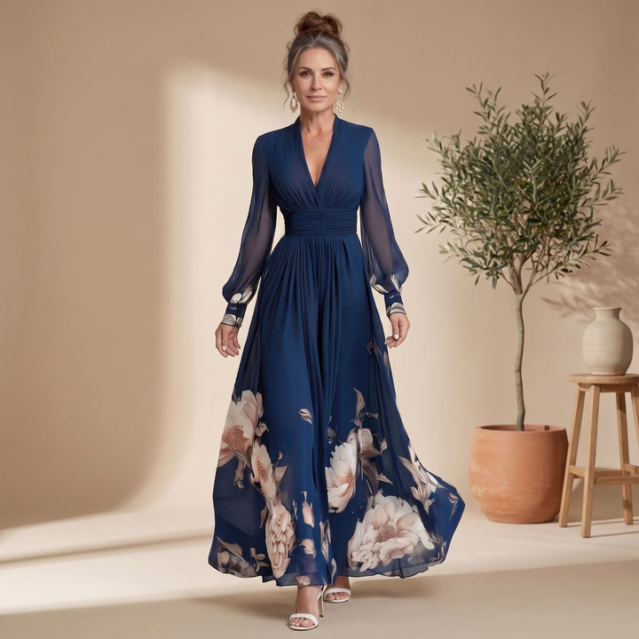 Women's Floral V-Neck Sheer Long Sleeve Pleated Maxi Dress - Navy