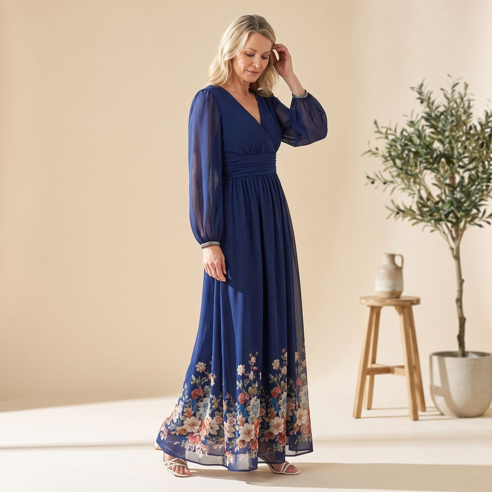 Women's Floral V-Neck Sheer Long Sleeve Pleated Maxi Dress