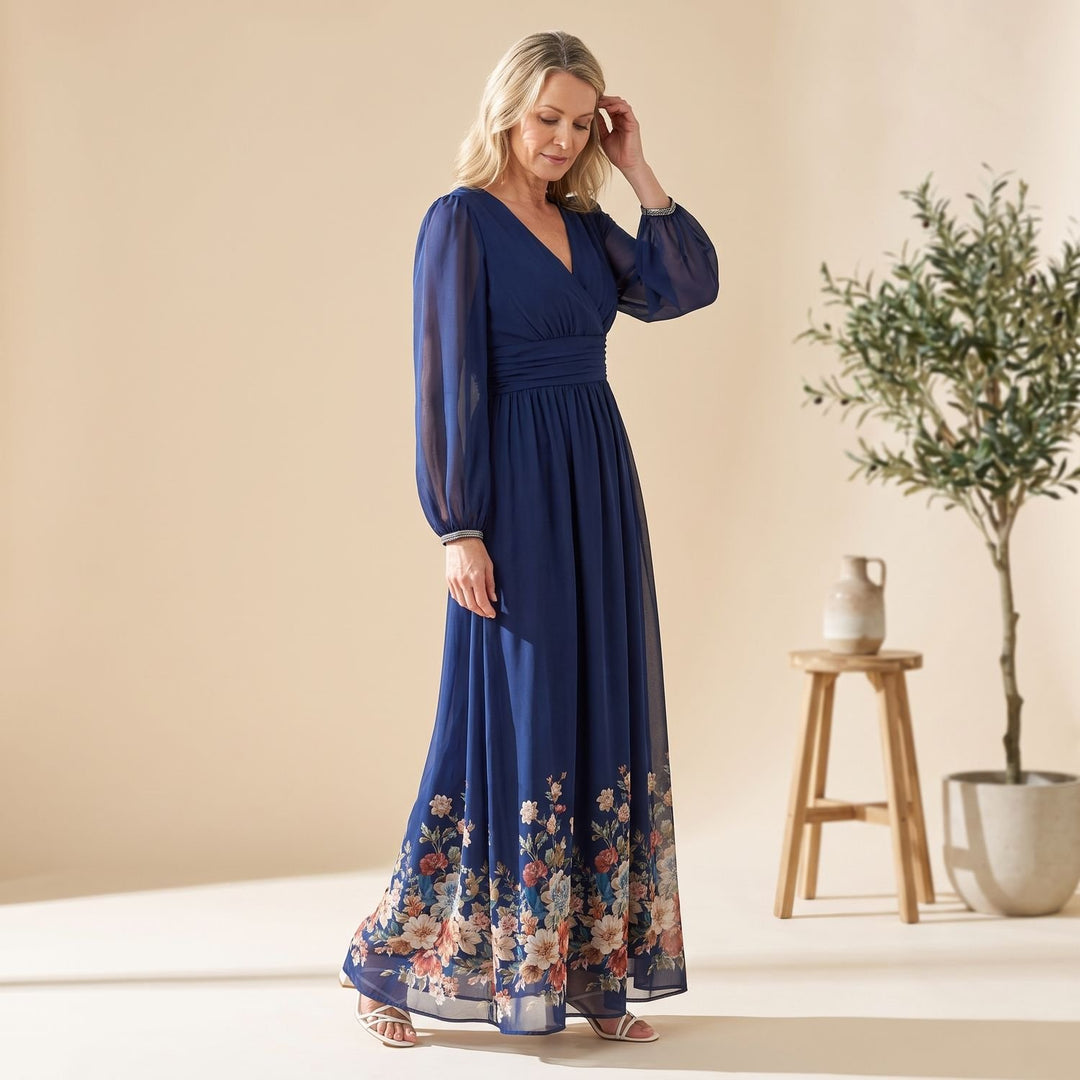 Women's Floral V-Neck Sheer Long Sleeve Pleated Maxi Dress