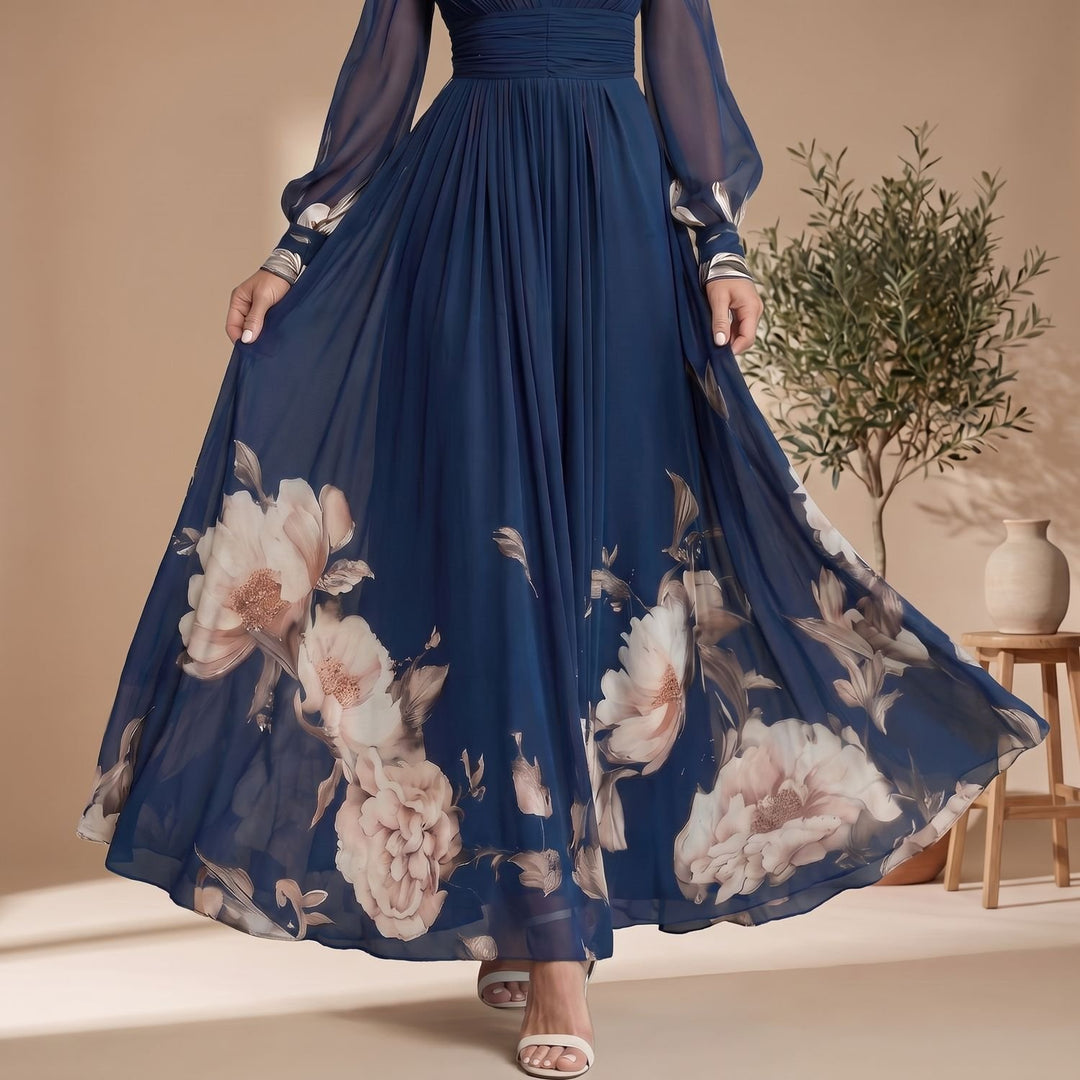 Women's Floral V-Neck Sheer Long Sleeve Pleated Maxi Dress