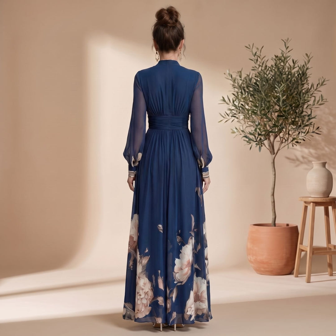 Women's Floral V-Neck Sheer Long Sleeve Pleated Maxi Dress