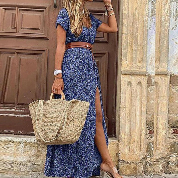 Women's Floral V-Neck Short Sleeve Belted Maxi Dress - Blue