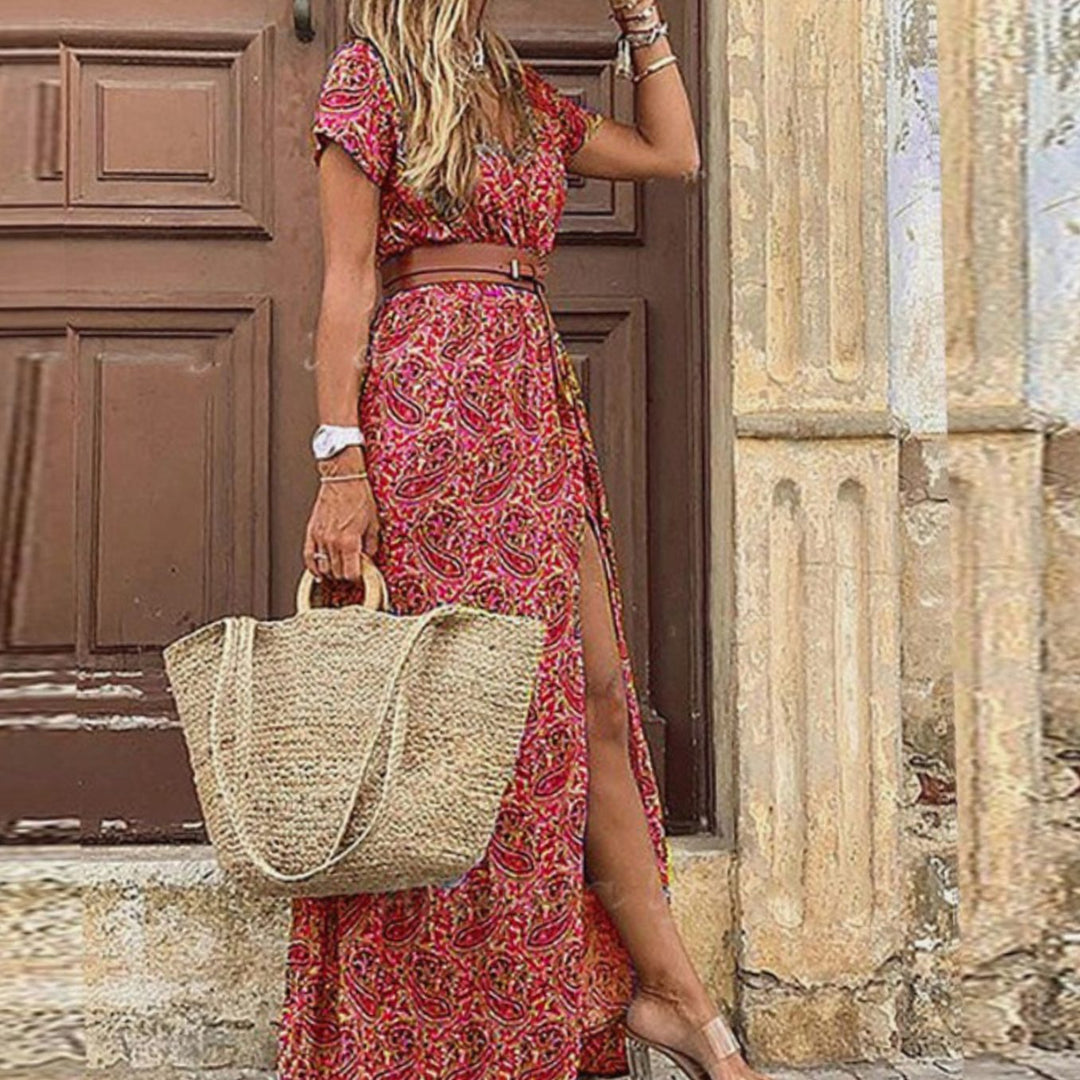 Women's Floral V-Neck Short Sleeve Belted Maxi Dress - Dark Red