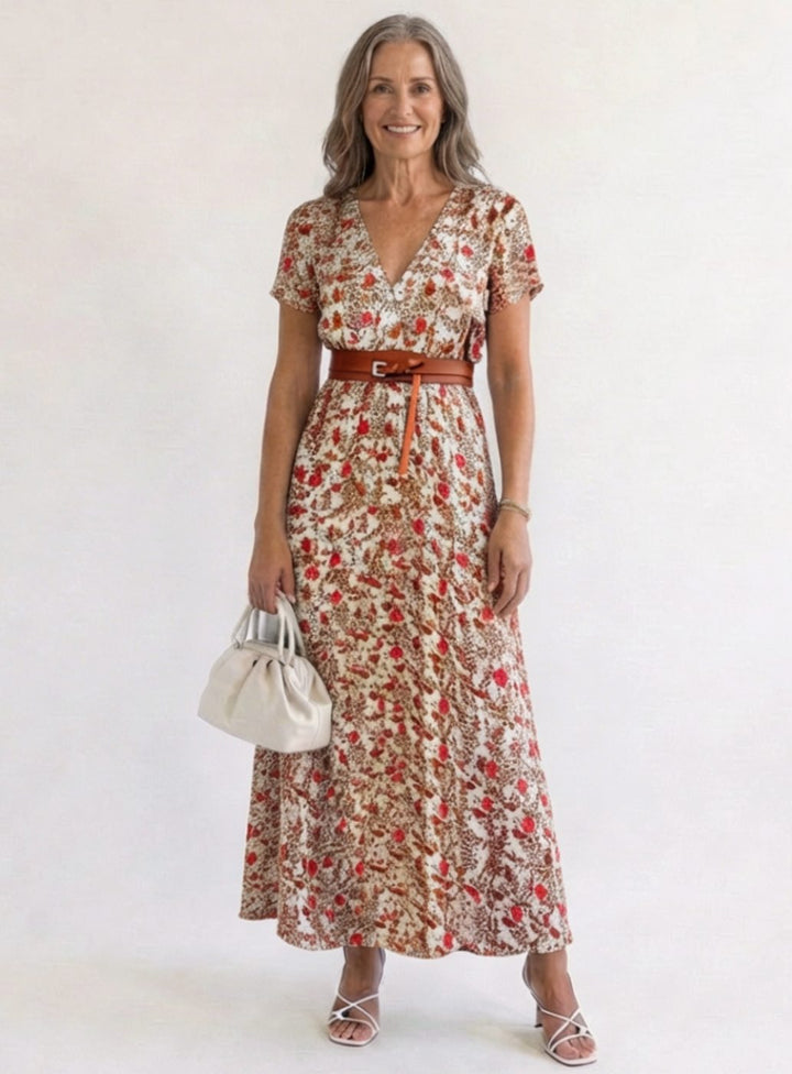 Women's Floral V-Neck Short-Sleeve Midi Dress - Red