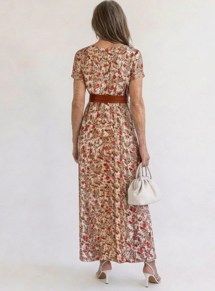 Women's Floral V-Neck Short-Sleeve Midi Dress