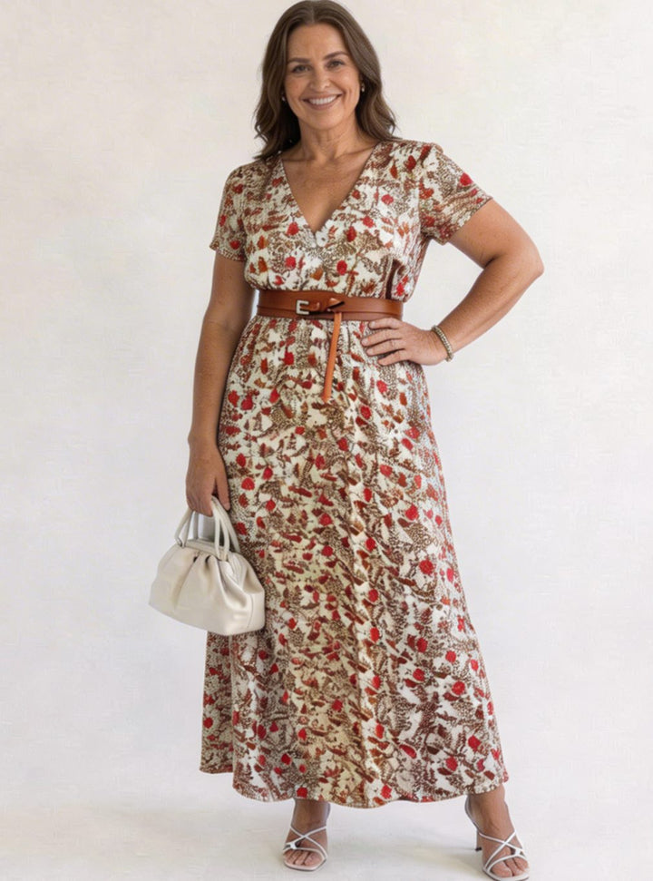 Women's Floral V-Neck Short-Sleeve Midi Dress