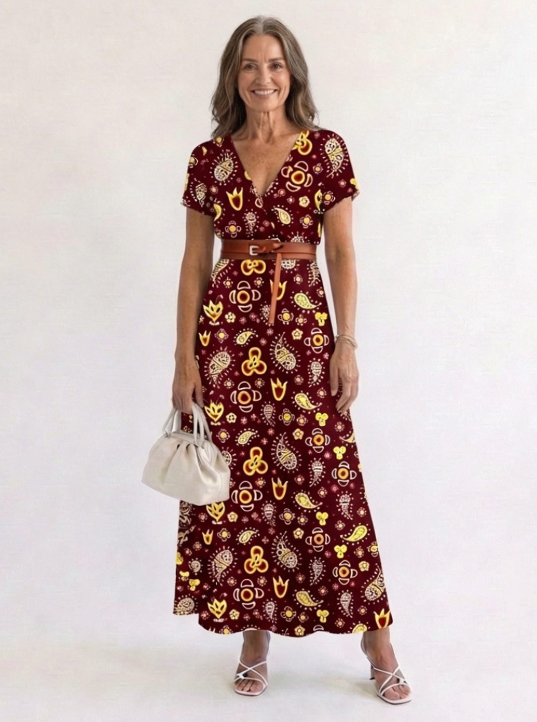 Women's Floral V-Neck Short-Sleeve Midi Dress - Burgundy