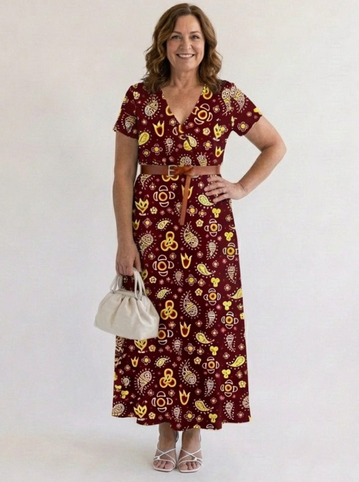 Women's Floral V-Neck Short-Sleeve Midi Dress