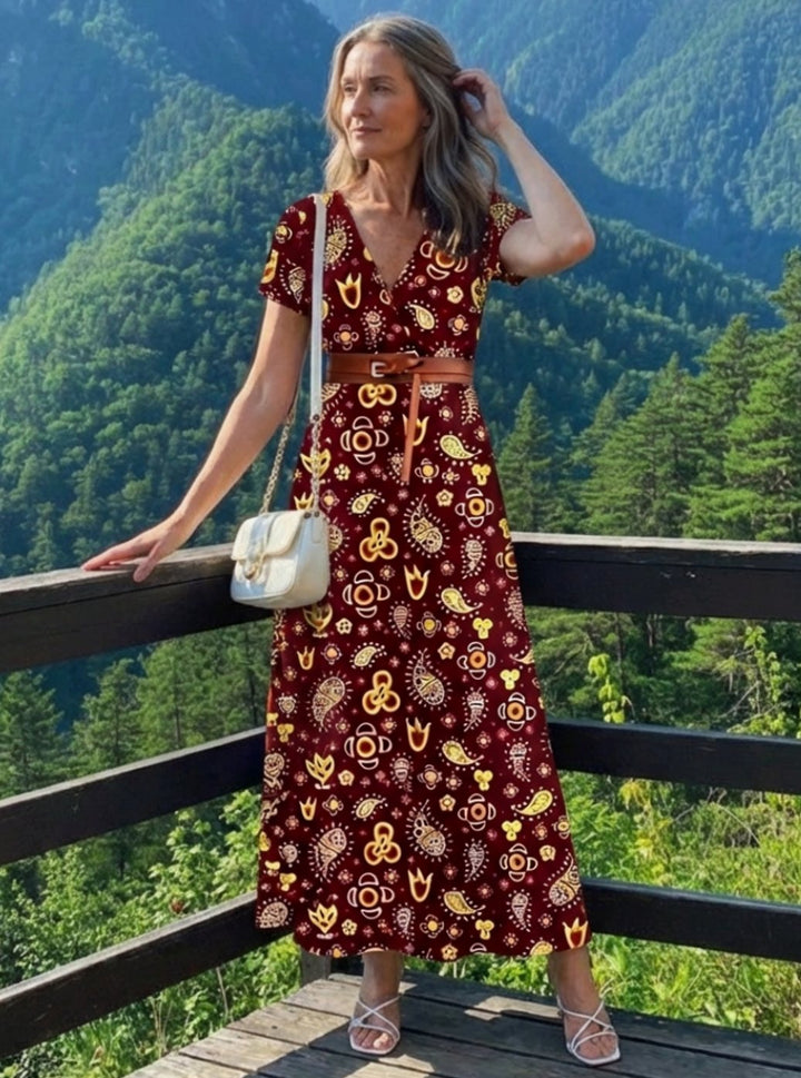 Women's Floral V-Neck Short-Sleeve Midi Dress
