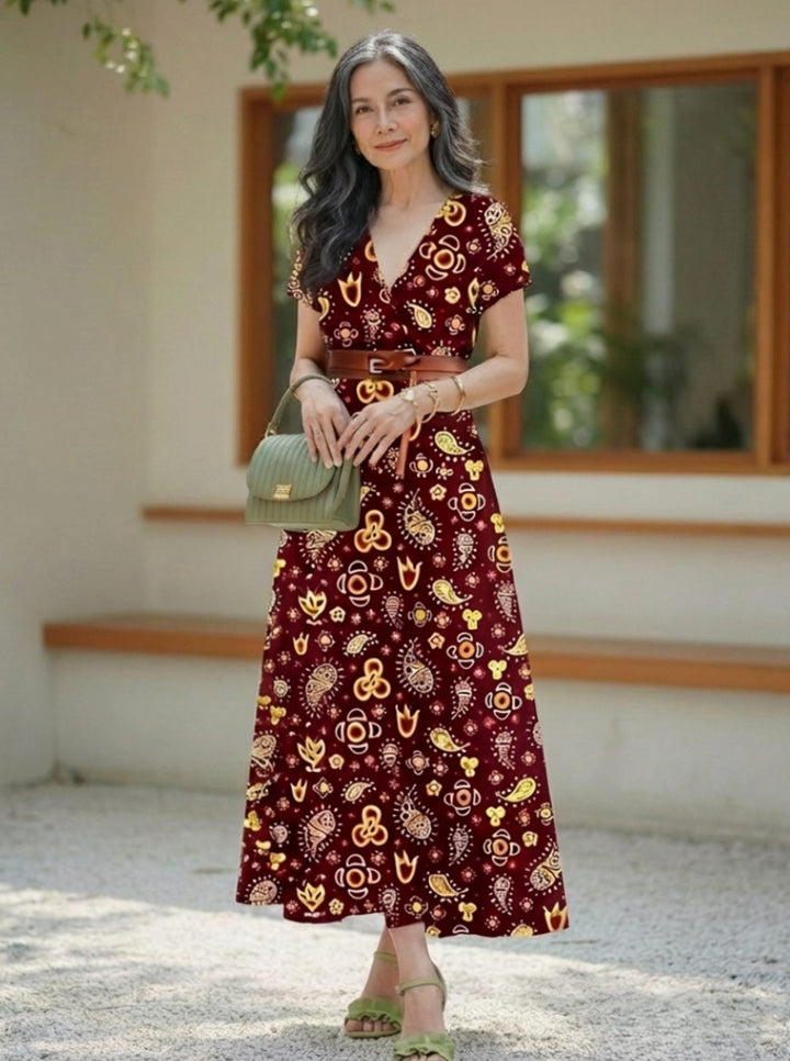 Women's Floral V-Neck Short-Sleeve Midi Dress