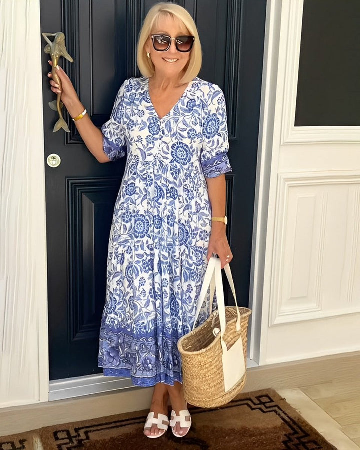 Women's Floral V-Neck Tiered Midi Elegant Dress - Blue
