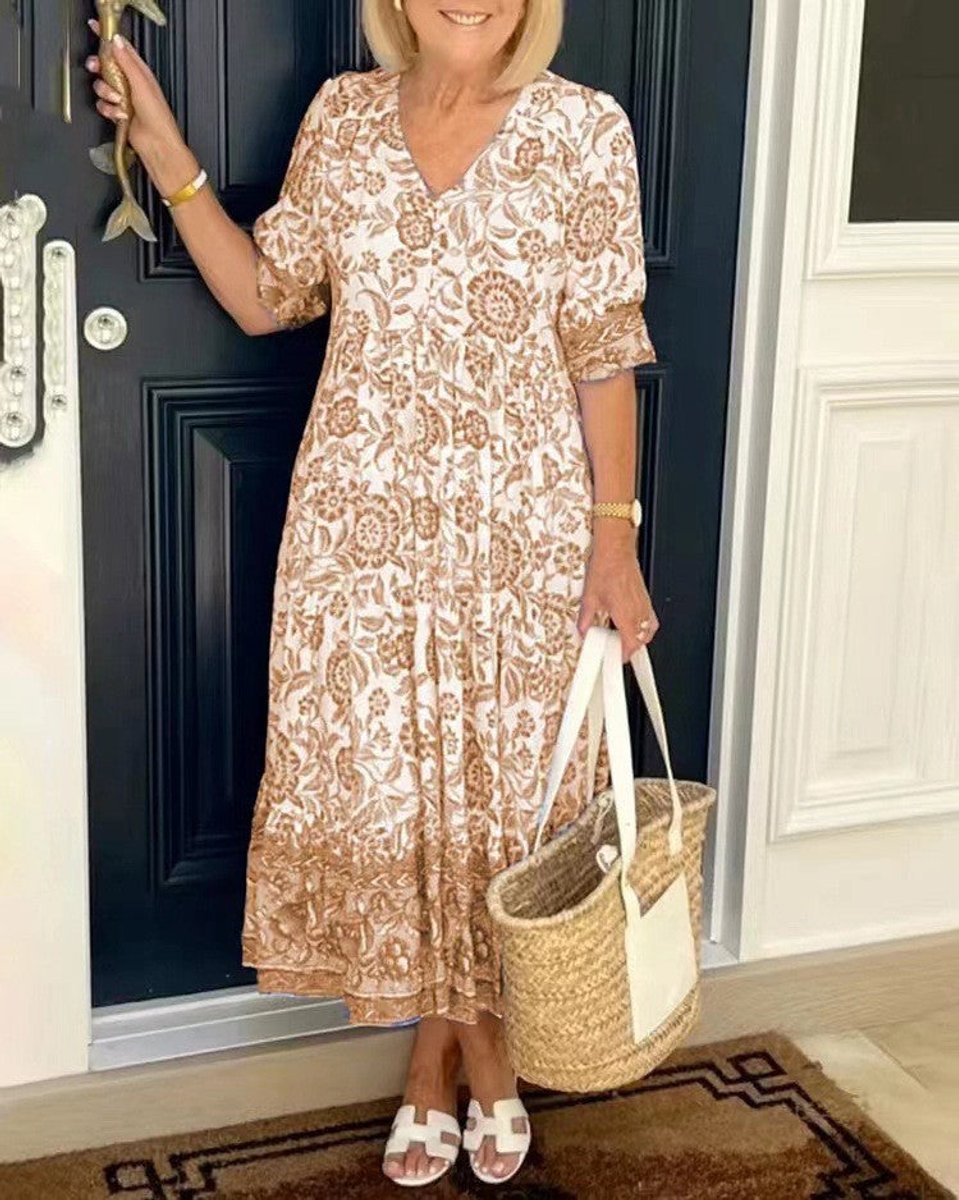 Women's Floral V-Neck Tiered Midi Elegant Dress - Orange
