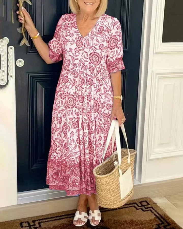 Women's Floral V-Neck Tiered Midi Elegant Dress - Pink