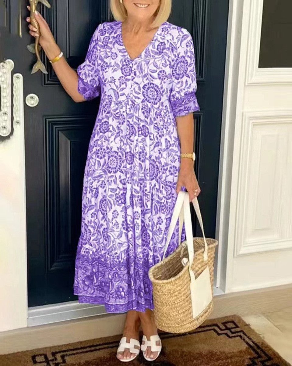 Women's Floral V-Neck Tiered Midi Elegant Dress - Purple