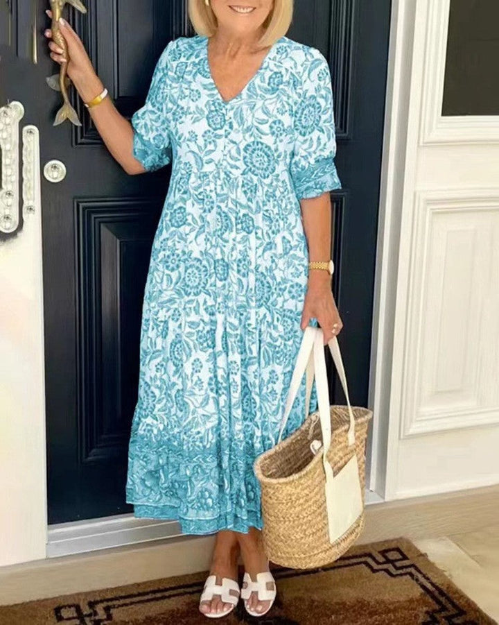 Women's Floral V-Neck Tiered Midi Elegant Dress - Sky Blue