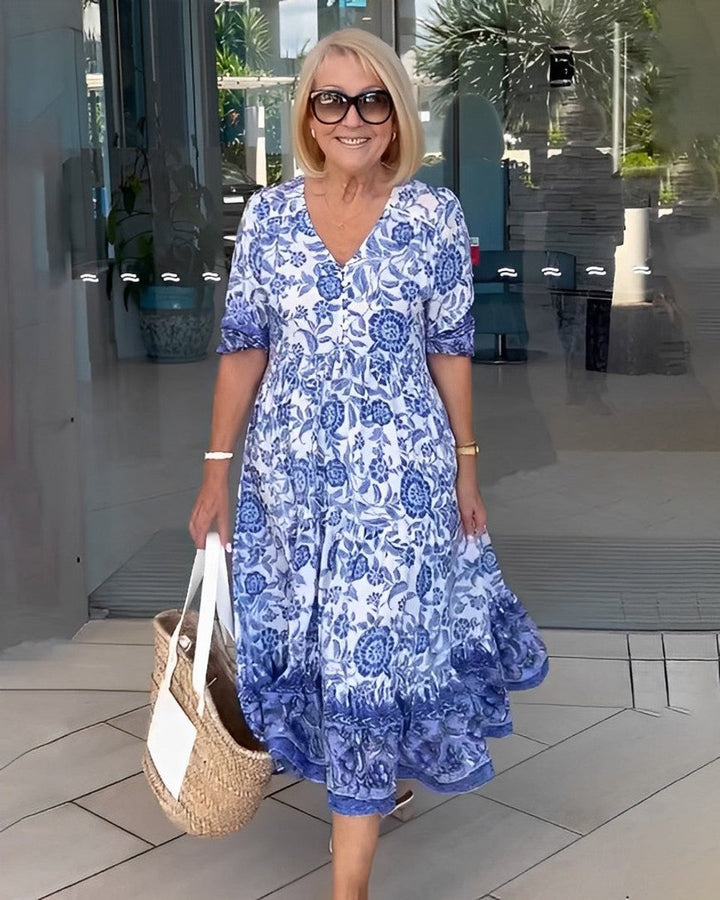 Women's Floral V-Neck Tiered Midi Elegant Dress