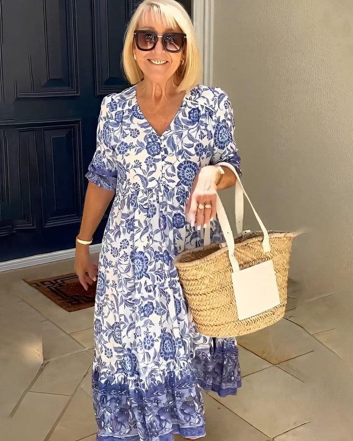 Women's Floral V-Neck Tiered Midi Elegant Dress