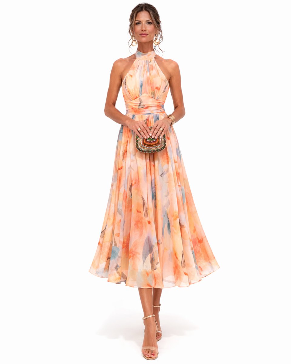 Women's Floral Watercolor Halter Neck Chiffon Midi Dress