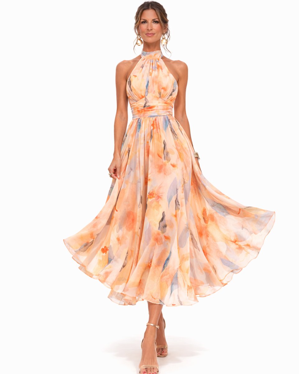 Women's Floral Watercolor Halter Neck Chiffon Midi Dress