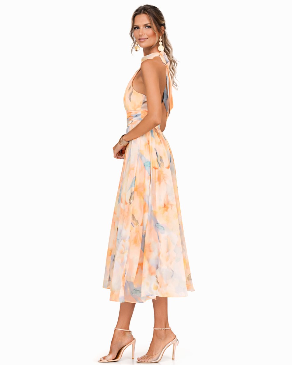 Women's Floral Watercolor Halter Neck Chiffon Midi Dress
