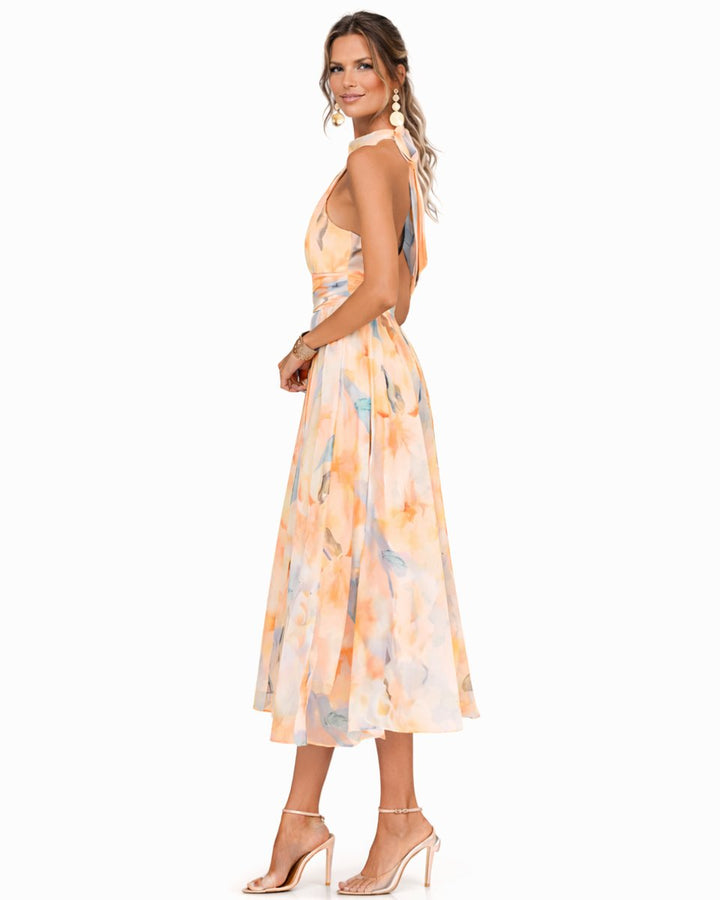 Women's Floral Watercolor Halter Neck Chiffon Midi Dress