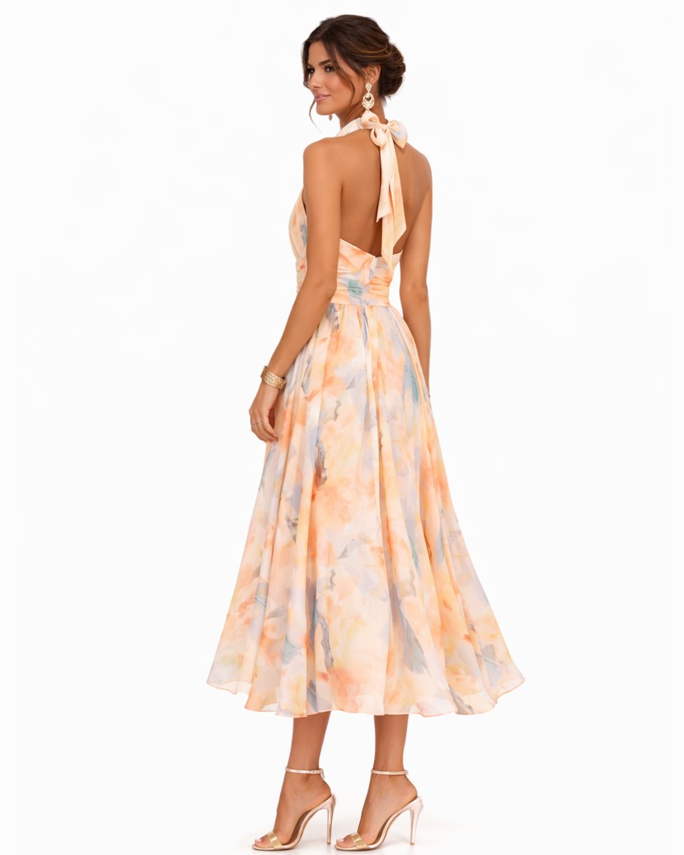 Women's Floral Watercolor Halter Neck Chiffon Midi Dress