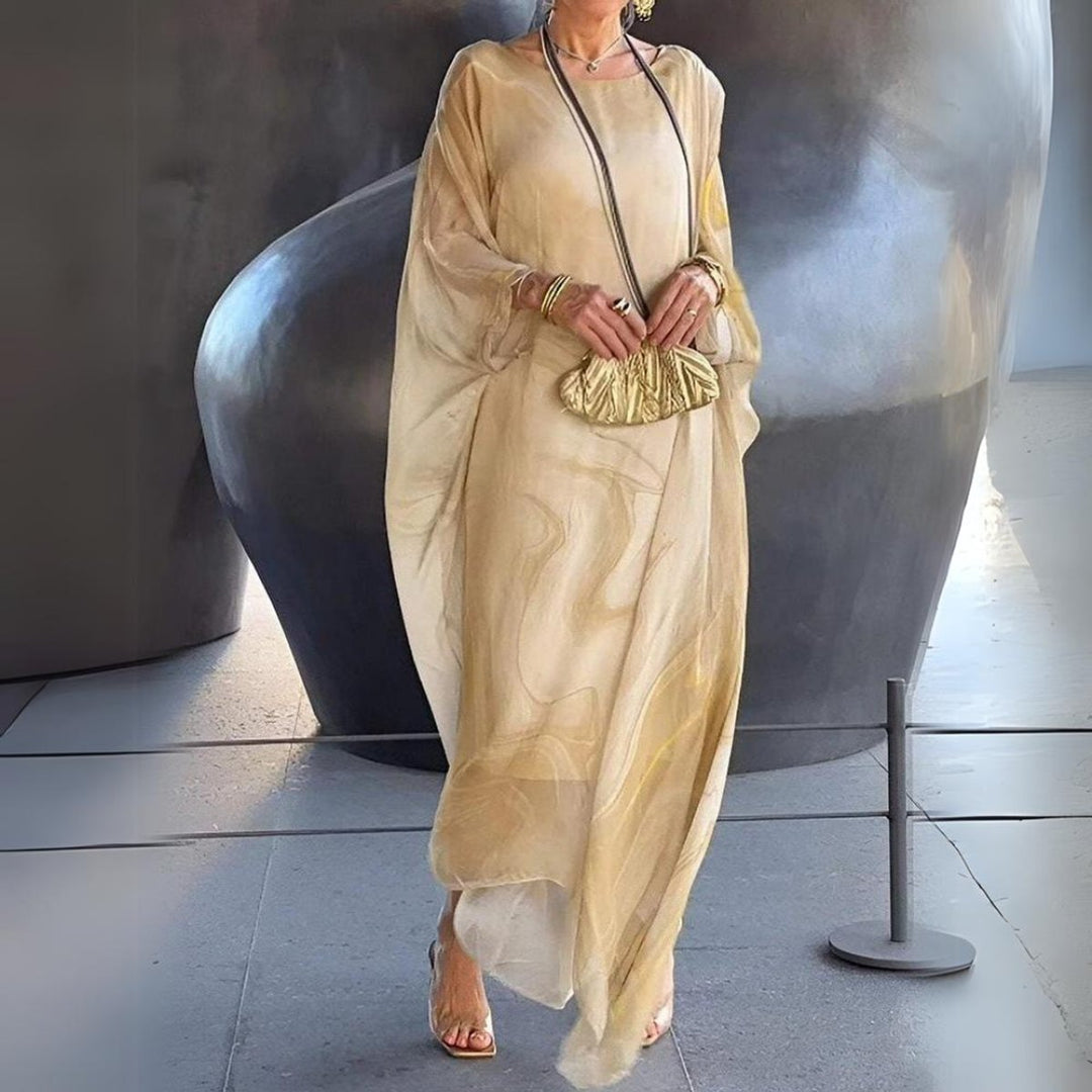 Women's Flowy Batwing-Sleeve Maxi Long Sleeve Dress Crewneck - Yellow
