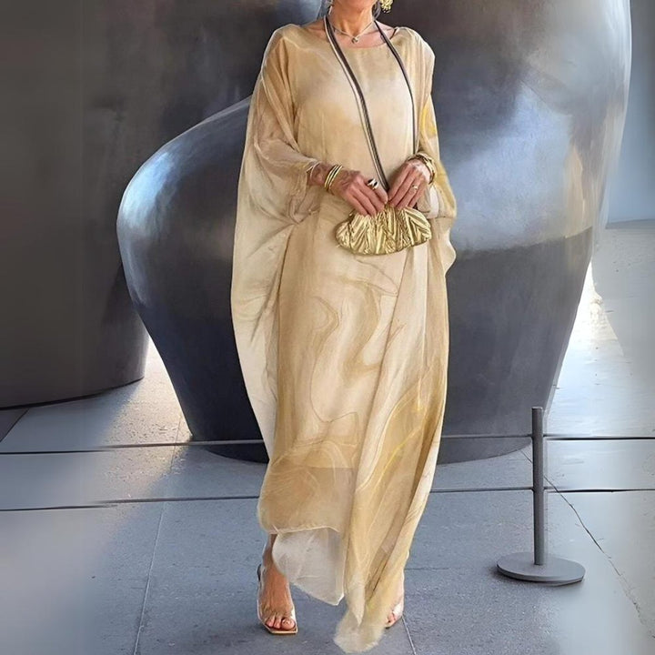 Women's Flowy Batwing-Sleeve Maxi Long Sleeve Dress Crewneck - Yellow