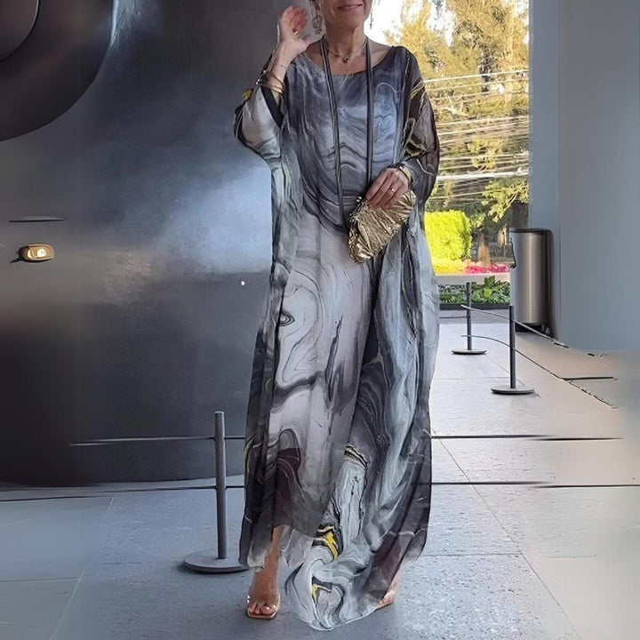 Women's Flowy Batwing-Sleeve Maxi Long Sleeve Dress Crewneck - Gray